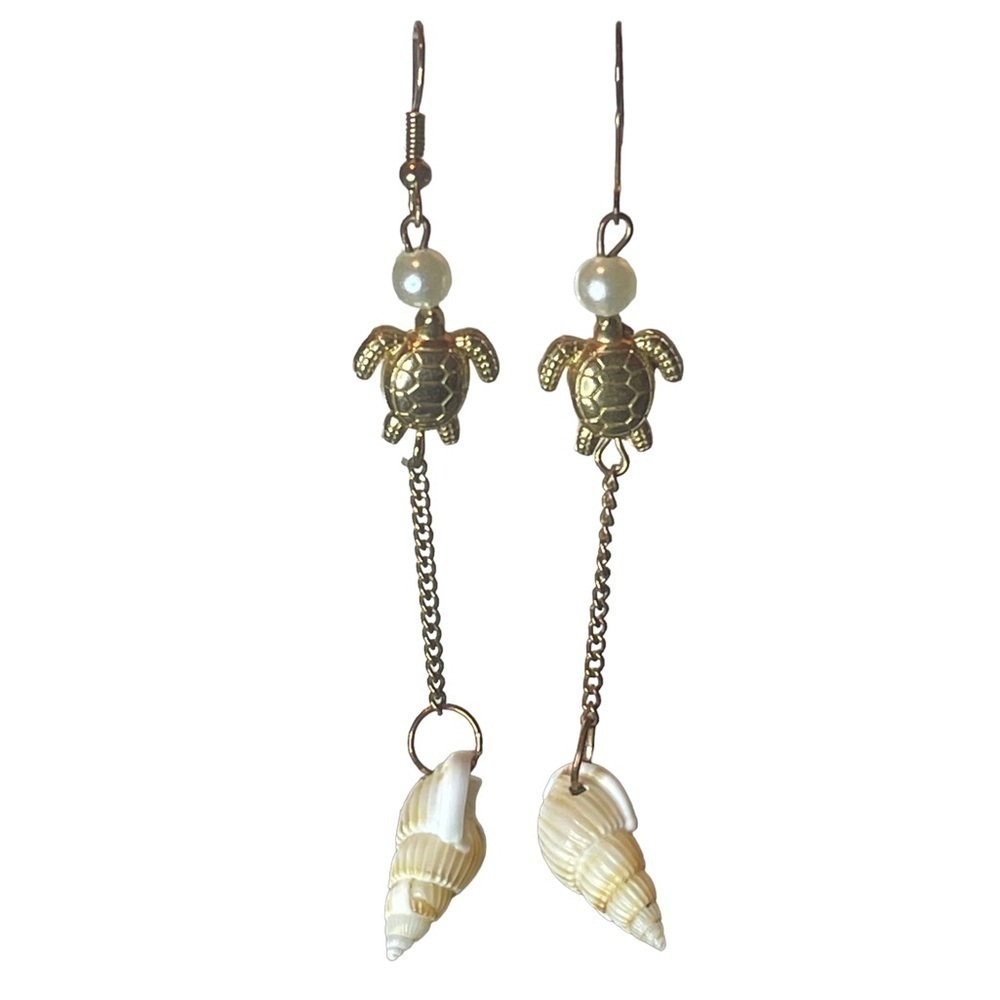 Vintage Brass Turtle, Pearl & Shell‎ Long Dangling Drop Statement Earrings